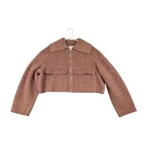 CLEA Australia Womens Brown Fuzzy Wool Alpaca Blend Cropped Zip Up Jacket Large